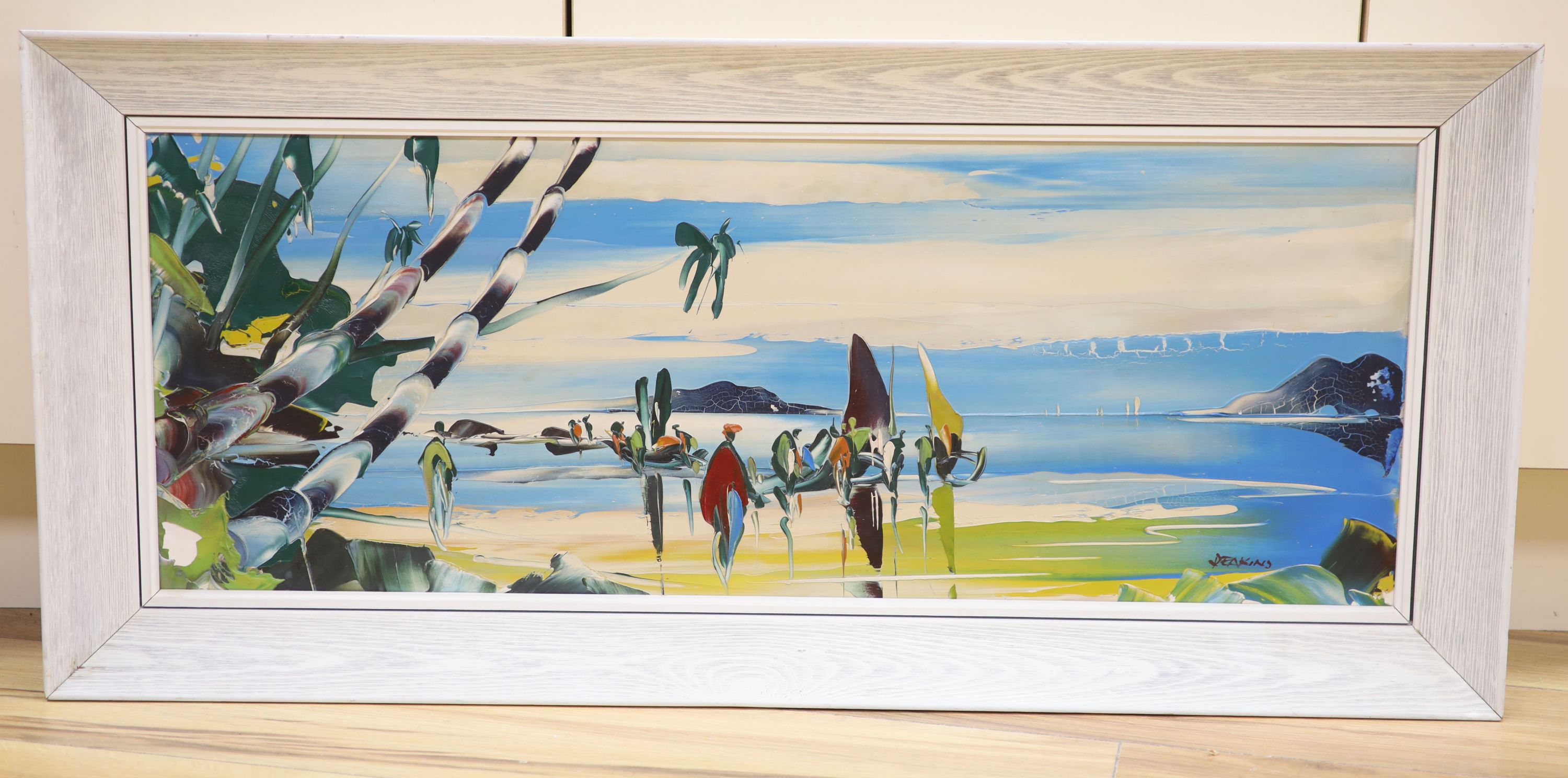 George R. Deakins (1911-1982), oil on board, Fisherman on a tropical shoreline, signed, 30 x 81cm